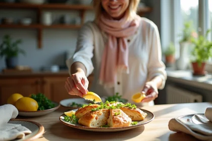Femme souriante servant une pastilla de fruits de mer