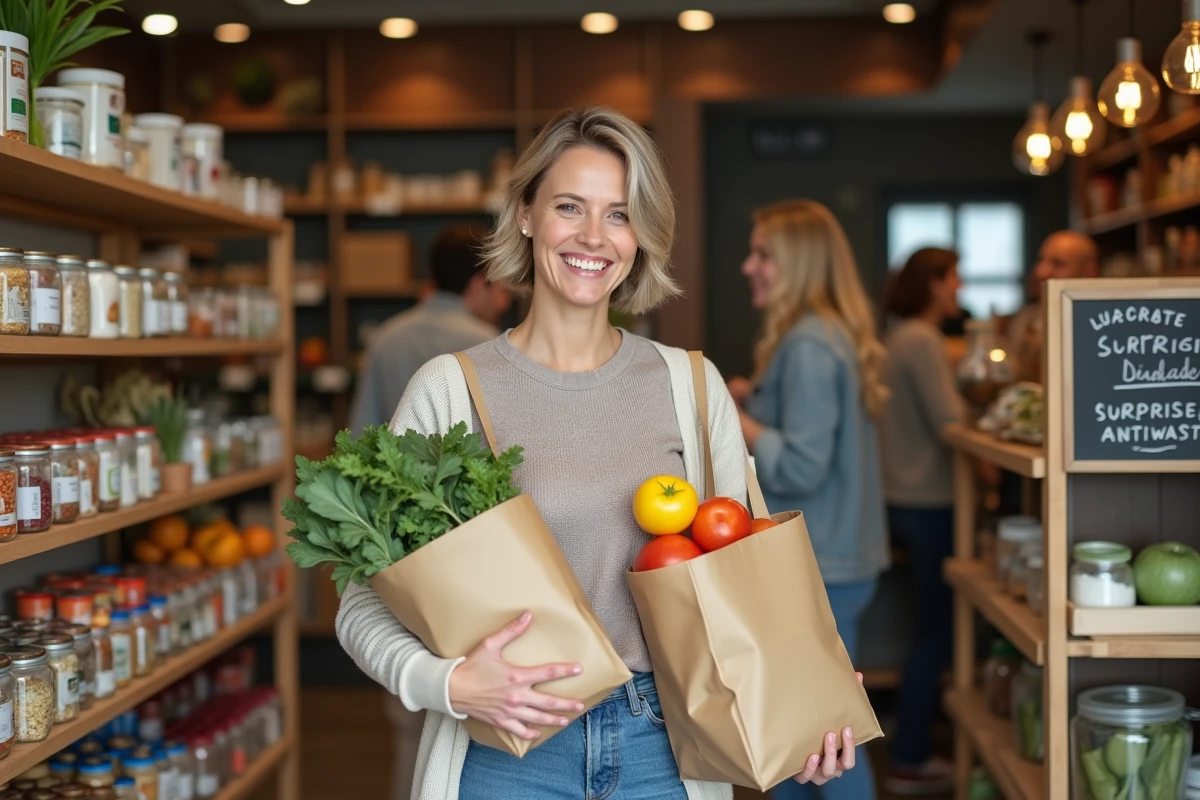 Femme souriante avec sac de courses rempli de produits bio