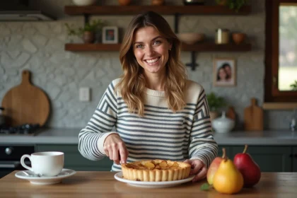 Femme souriante coupe une tarte aux poires dans la cuisine