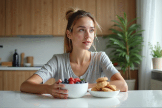 Jeune femme choisissant entre fruits et cookies dans la cuisine
