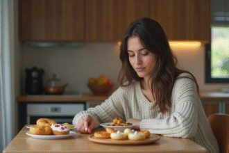 Jeune femme réfléchissant devant des snacks sucrés
