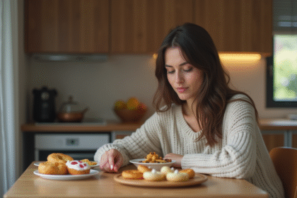 Jeune femme réfléchissant devant des snacks sucrés