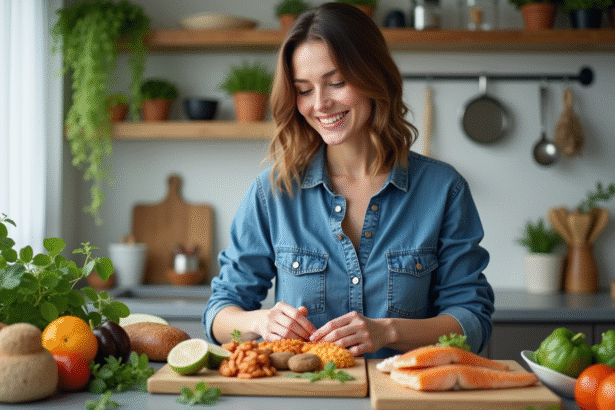 Femme souriante préparant des aliments riches en protéines dans une cuisine lumineuse