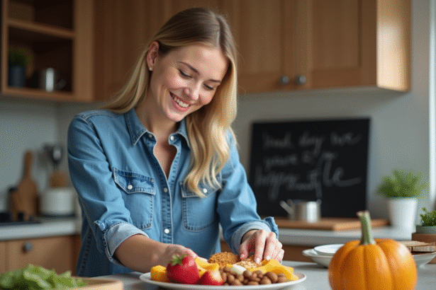 Femme souriante préparant un plateau de fruits frais dans la cuisine