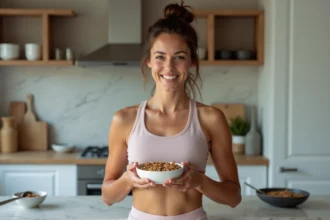 Jeune femme sportive souriante avec gâteau d'avoine dans la cuisine