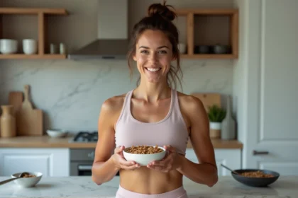 Jeune femme sportive souriante avec gâteau d'avoine dans la cuisine