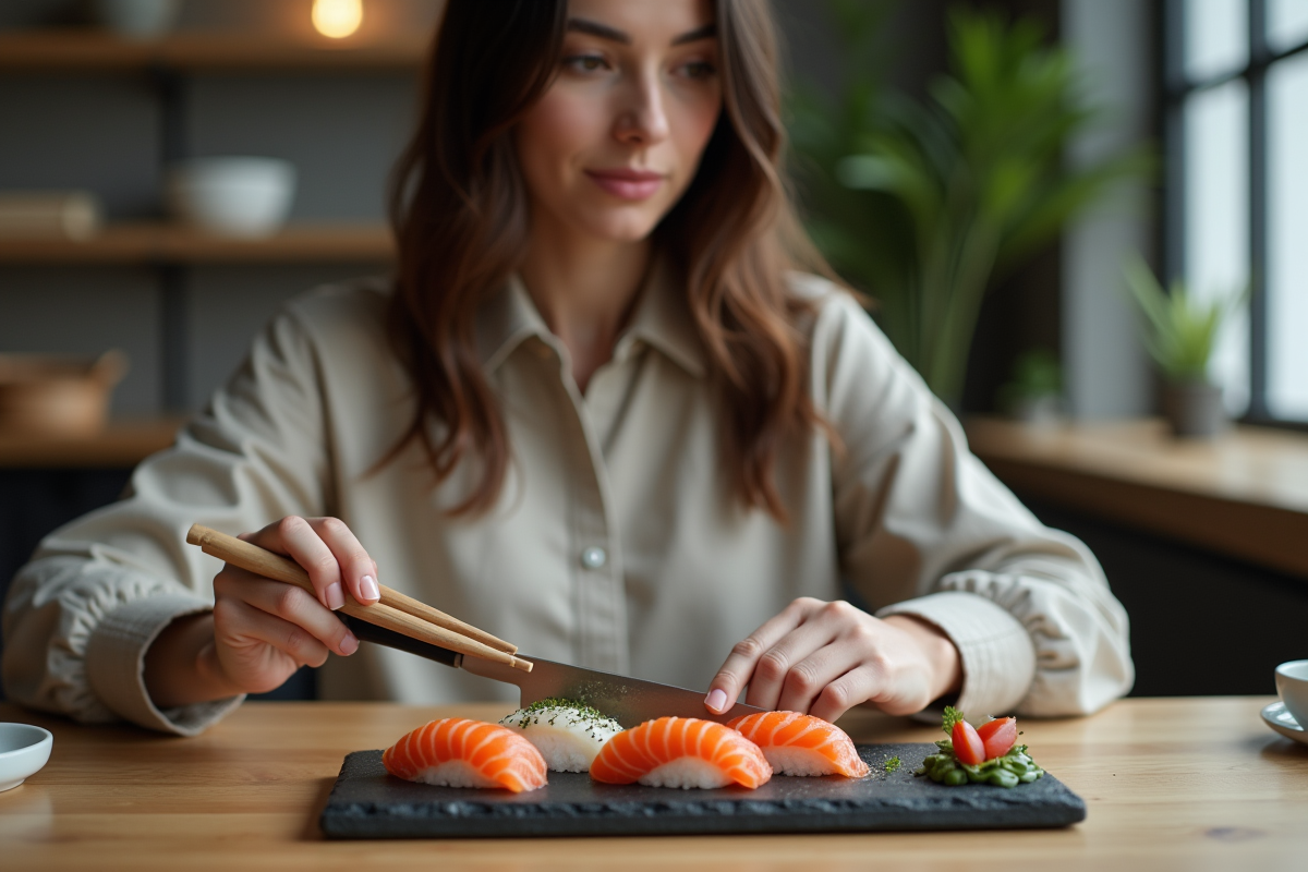 Jeune femme dégustant des sushis avec un couteau élégant