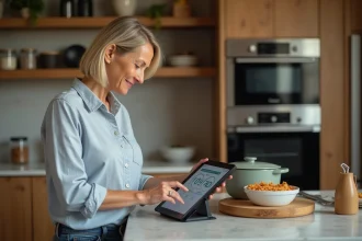 Femme d'âge moyen utilisant une tablette dans la cuisine moderne