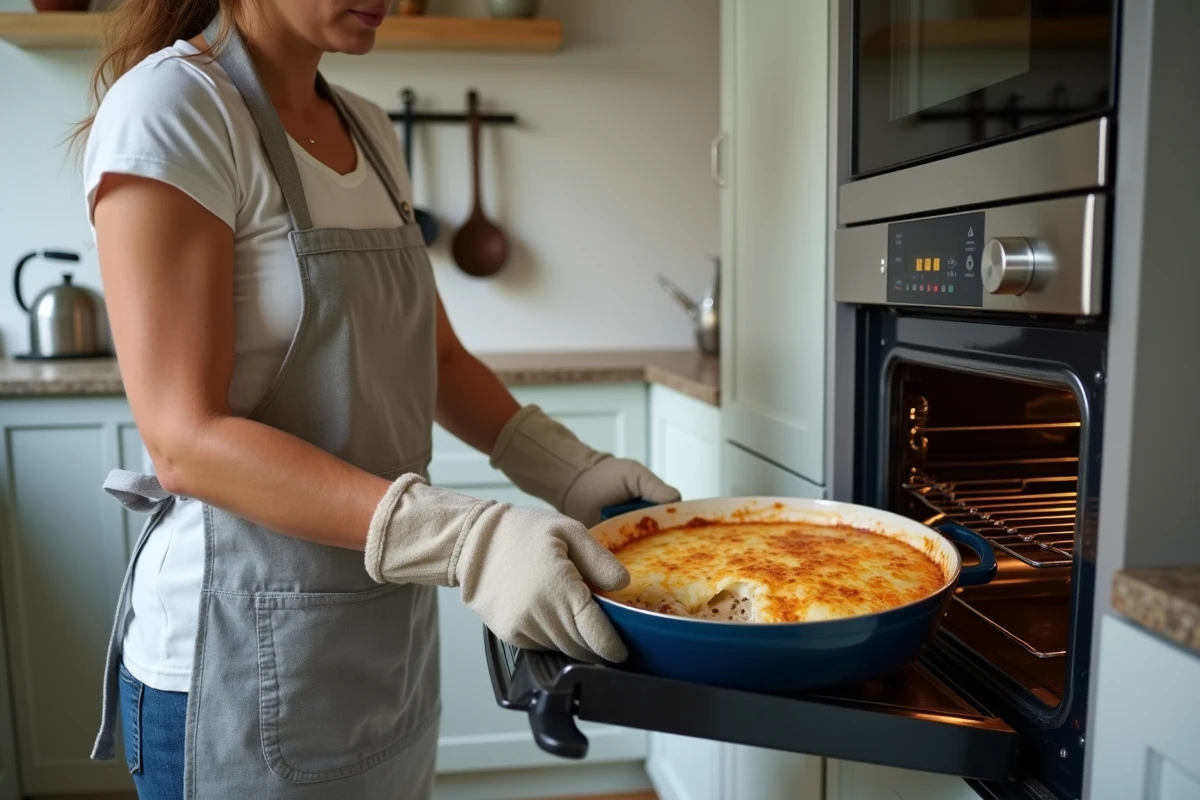 Femme en tablier sortant un gratin d'escalope de poulet doré du four dans une cuisine moderne