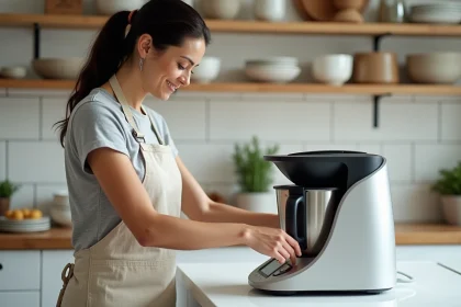 Femme utilisant un Thermomix dans une cuisine moderne pour illustrer les promotions et prix du robot cuiseur