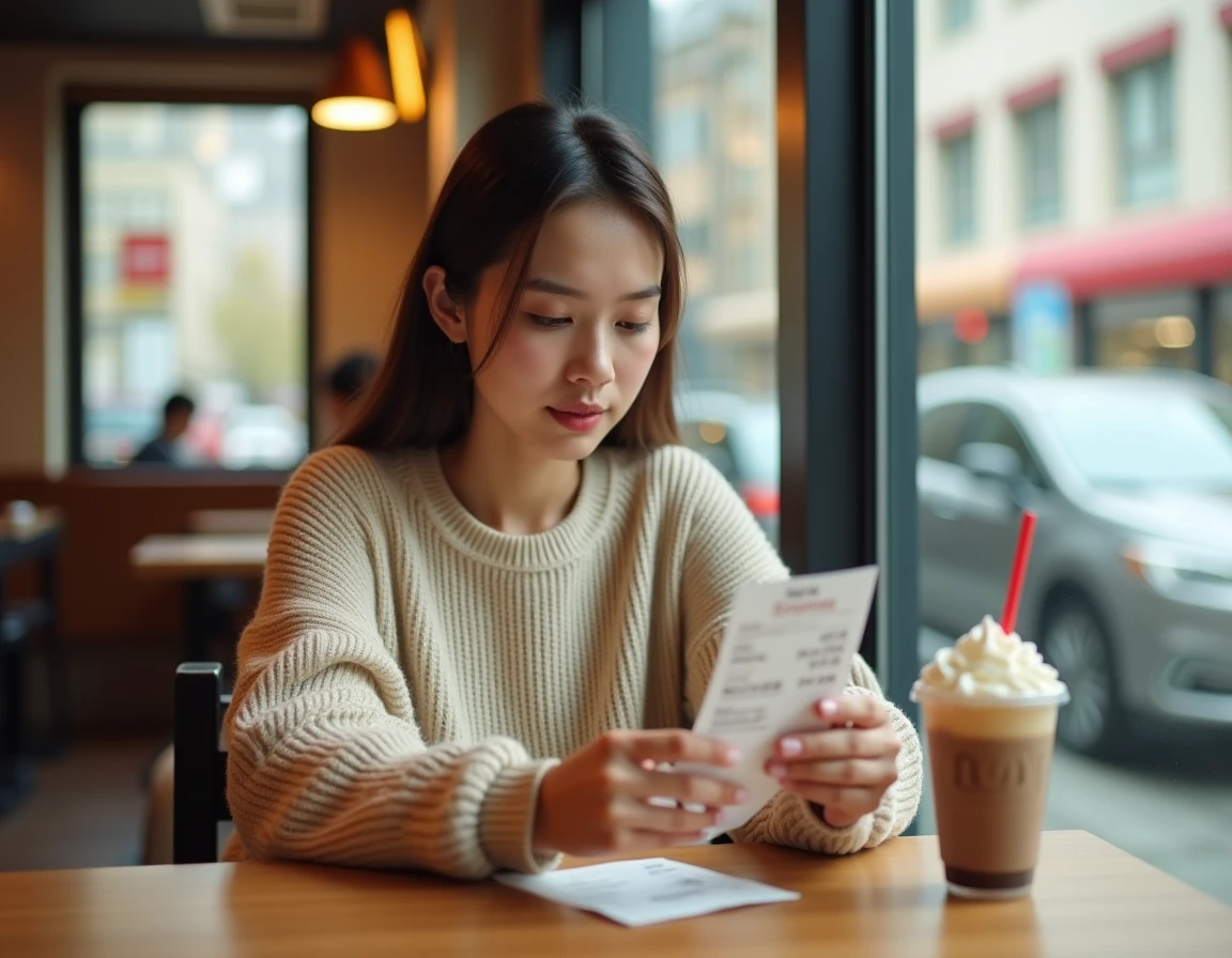 Femme lisant un ticket de caisse McDonald's avec un McFlurry posé sur la table, illustrant le prix en 2026