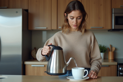 Femme versant de l'eau dans une bouilloire électrique moderne