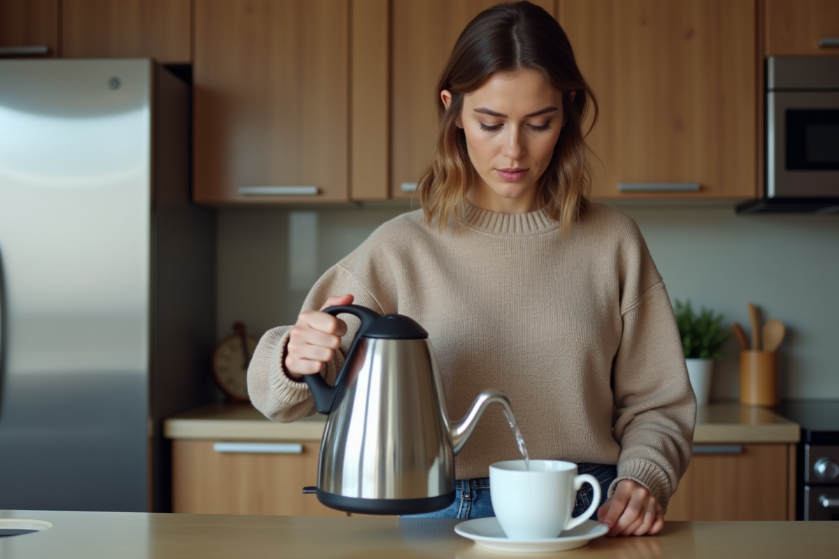 Femme versant de l'eau dans une bouilloire électrique moderne