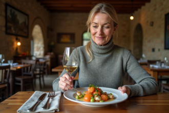 Femme dégustant un vin blanc avec coquilles saintjacques