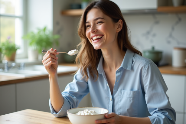 Femme souriante dégustant un yaourt dans la cuisine moderne