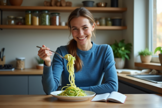 Femme mangeant des zoodles dans une cuisine moderne