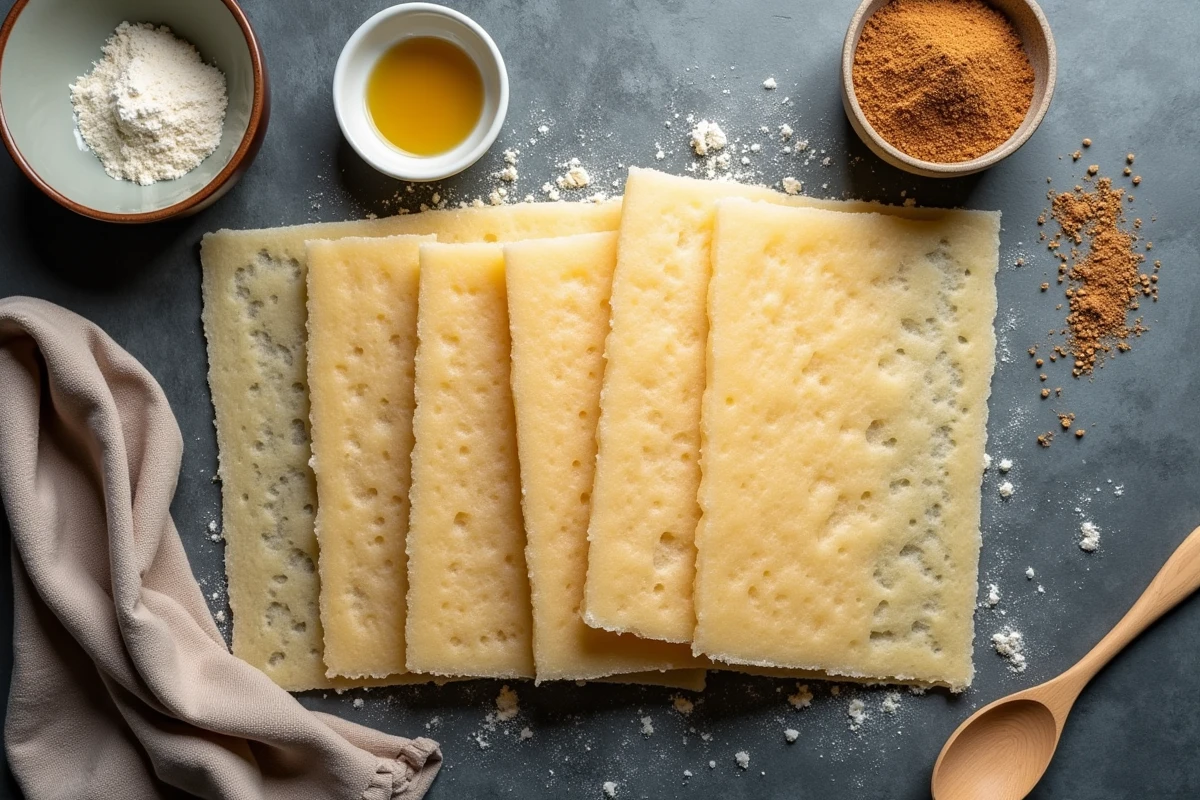 Feuilles de brick sans gluten maison disposées sur une ardoise avec des ingrédients sans gluten comme la farine de sarrasin et la fécule de maïs