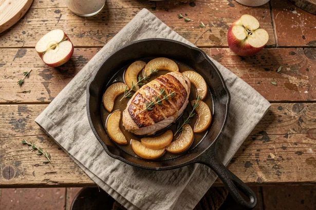 Filet mignon de porc au cidre et aux pommes caramélisées dans une poêle en fonte sur une table rustique normande