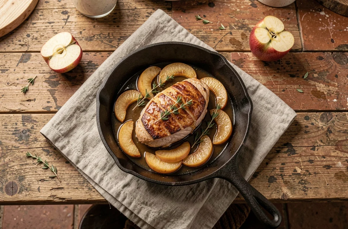 Filet mignon de porc au cidre et aux pommes caramélisées dans une poêle en fonte sur une table rustique normande