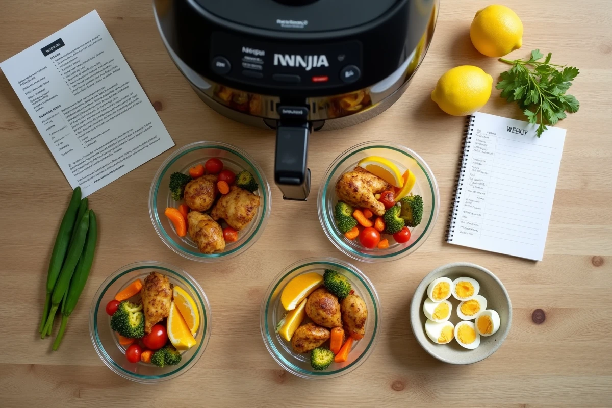Vue aérienne d'un batch cooking complet réalisé avec un Air Fryer Ninja, contenants repas et planning hebdomadaire