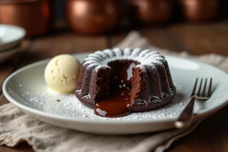 Fondant au chocolat coulant façon Cyril Lignac servi sur assiette blanche avec boule de glace vanille