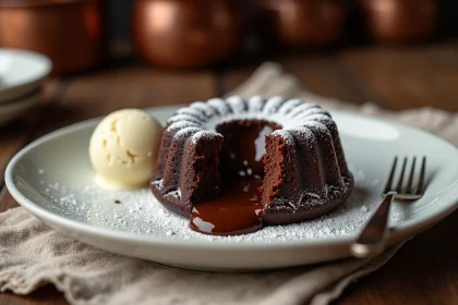 Fondant au chocolat coulant façon Cyril Lignac servi sur assiette blanche avec boule de glace vanille