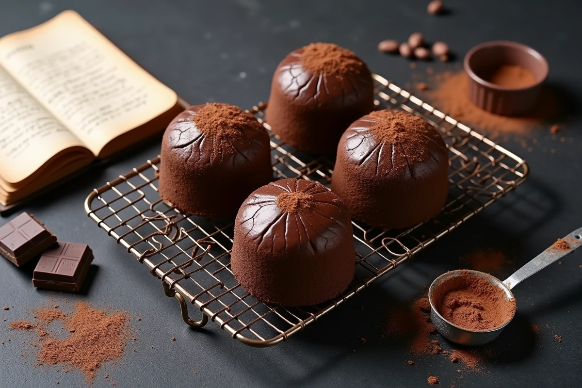 Quatre fondants au chocolat démoulés sur une grille avec des carrés de chocolat noir et un cahier de recette