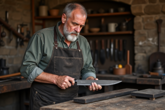 Forgeron examinant un couteau dans son atelier