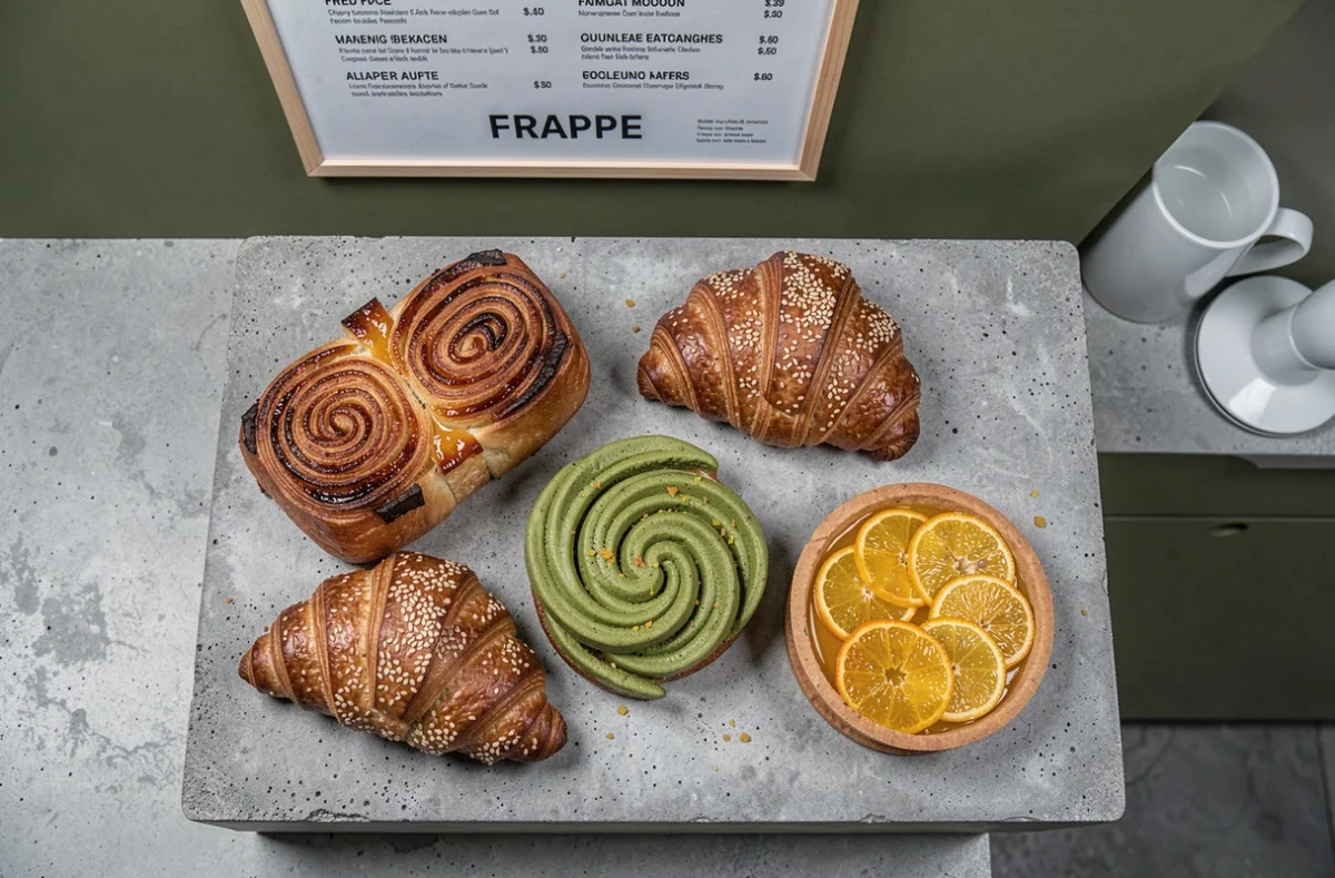 Vue de dessus de pâtisseries modernes et créatives de la boulangerie Frappe, dont un kouign-amann, un croissant matcha et un pain au sésame sur dalle en béton