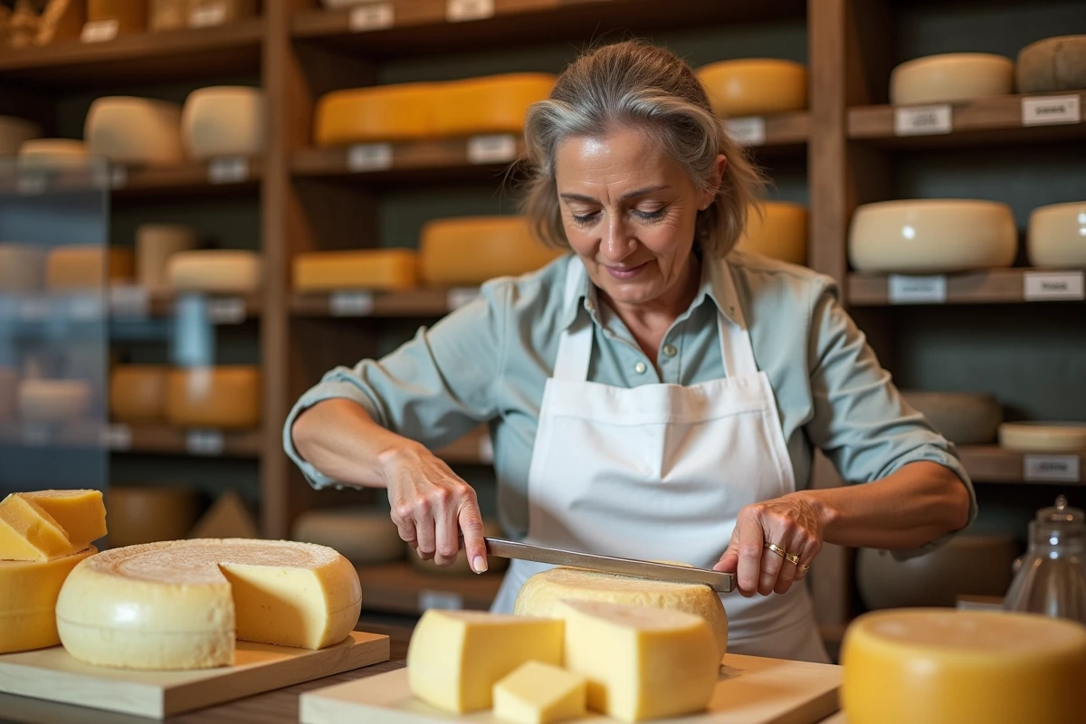 Fromagère découpant un morceau de Beaufort dans une fromagerie artisanale