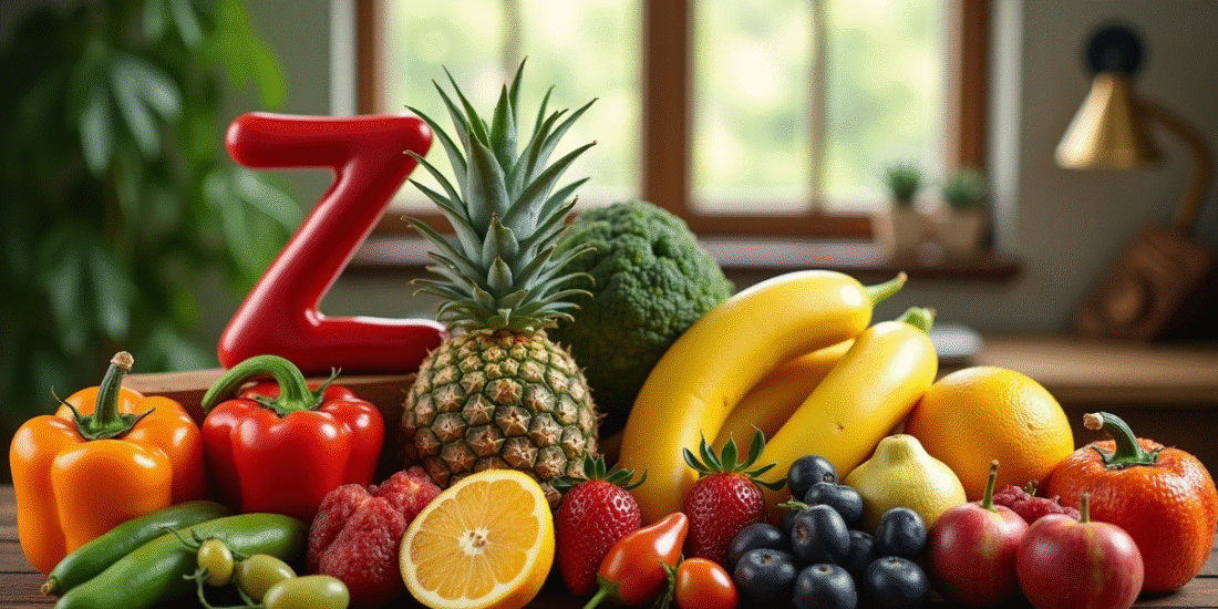 Sélection de fruits et légumes exotiques avec Z sur une table en bois