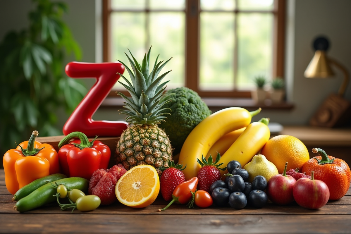 Sélection de fruits et légumes exotiques avec Z sur une table en bois