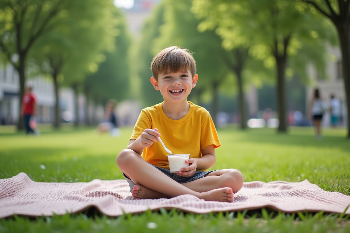 Garçon de dix ans savourant un yaourt en plein air dans un parc