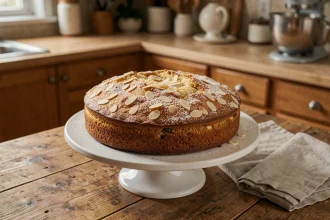 Gâteau aux amandes entier sur un présentoir en céramique blanche, saupoudré de sucre glace et d'amandes effilées, dans une cuisine rustique en bois