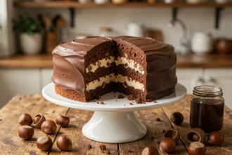 Gâteau crème de marrons et chocolat entier posé sur un plat en céramique blanche avec une tranche révélant les couches moelleuses