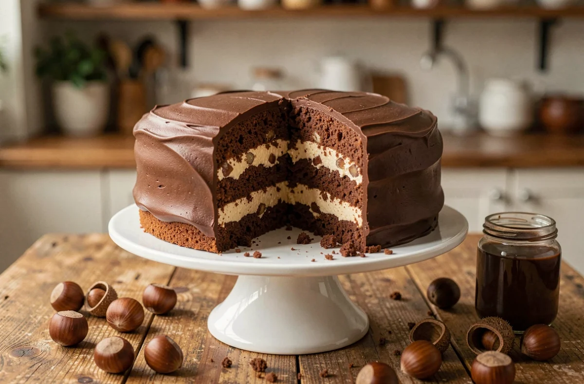 Gâteau crème de marrons et chocolat entier posé sur un plat en céramique blanche avec une tranche révélant les couches moelleuses