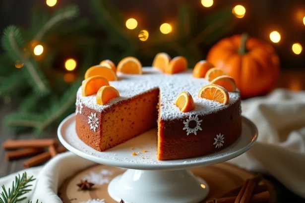Gâteau à la patate douce décoré pour les fêtes de fin d'année 2026 posé sur un présentoir en céramique blanche avec des épices et des lumières de Noël en arrière-plan