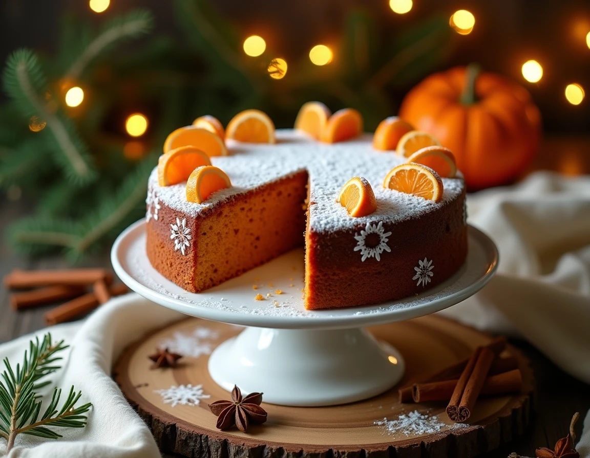 Gâteau à la patate douce décoré pour les fêtes de fin d'année 2026 posé sur un présentoir en céramique blanche avec des épices et des lumières de Noël en arrière-plan