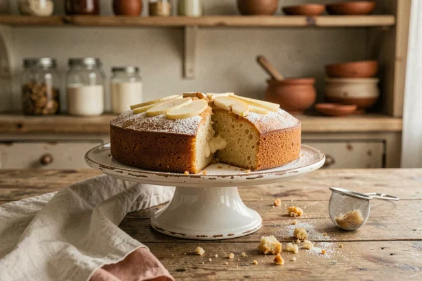 Gâteau poire yaourt maison posé sur un plat à gâteau en céramique vintage, saupoudré de sucre glace, dans une cuisine campagnarde authentique