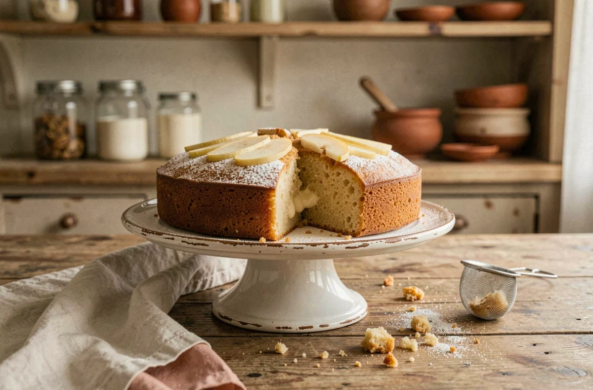 Gâteau poire yaourt maison posé sur un plat à gâteau en céramique vintage, saupoudré de sucre glace, dans une cuisine campagnarde authentique