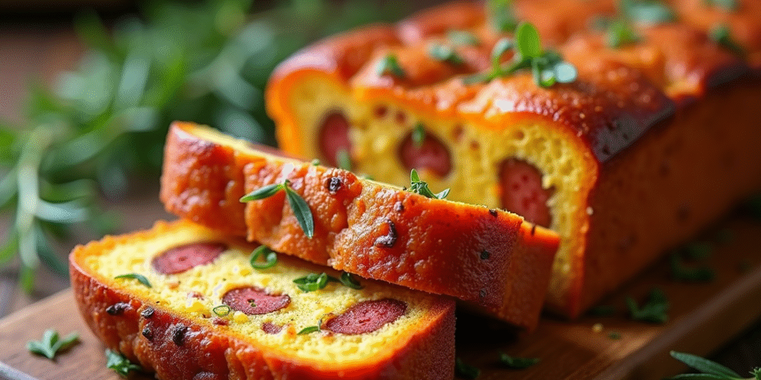 Gâteau salé au chorizo tranché avec texture moelleuse