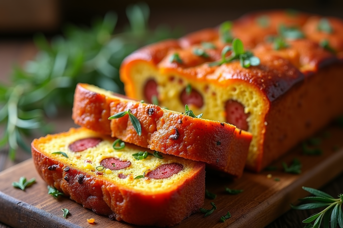 Gâteau salé au chorizo tranché avec texture moelleuse