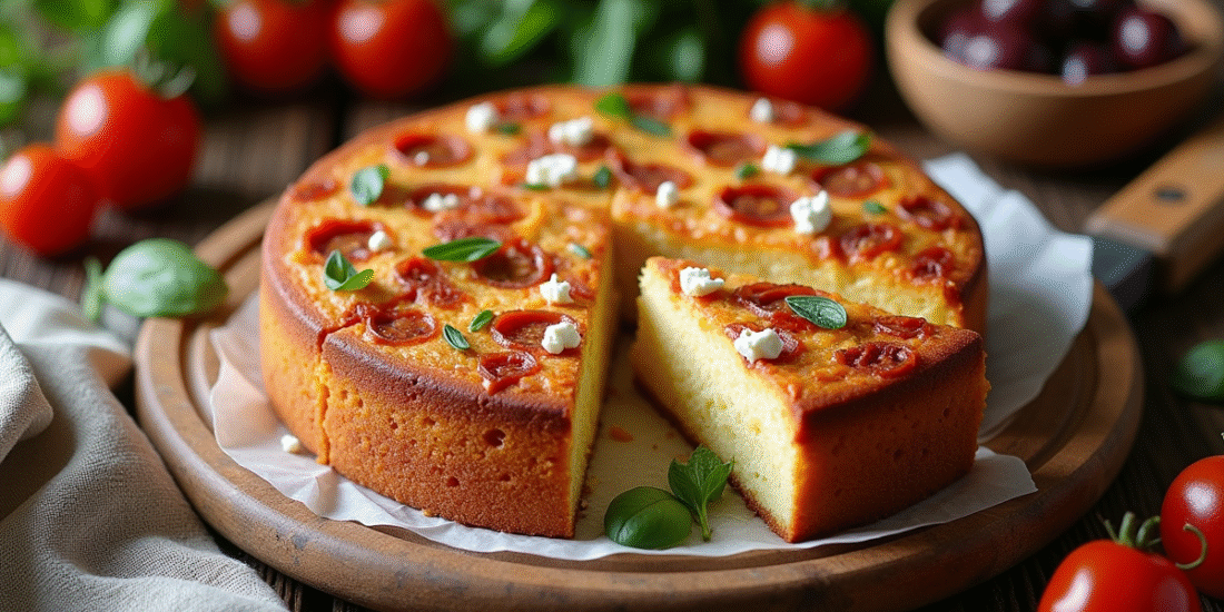 Gâteau tranché avec chorizo et feta sur table en bois