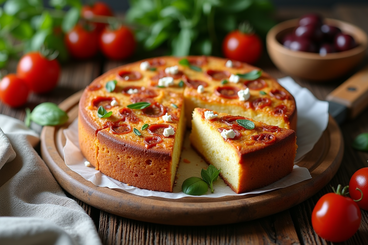 Gâteau tranché avec chorizo et feta sur table en bois