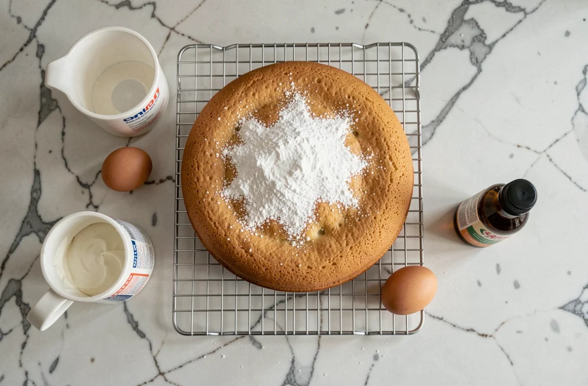 Gâteau au yaourt entier refroidissant sur une grille avec du sucre glace et des ingrédients de pâtisserie autour