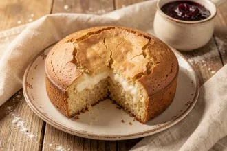 Gâteau au yaourt moelleux posé sur une assiette en céramique vintage avec une croûte dorée et une mie fondante apparente