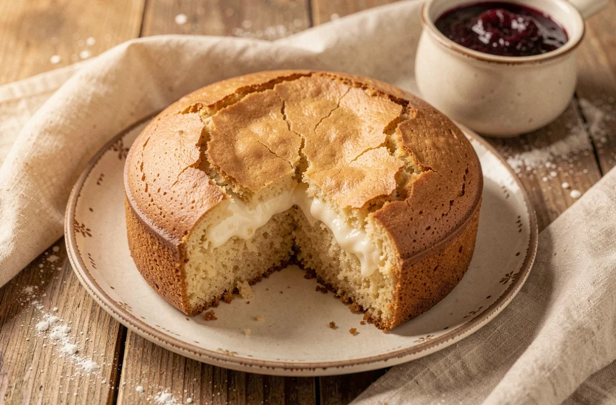 Gâteau au yaourt moelleux posé sur une assiette en céramique vintage avec une croûte dorée et une mie fondante apparente