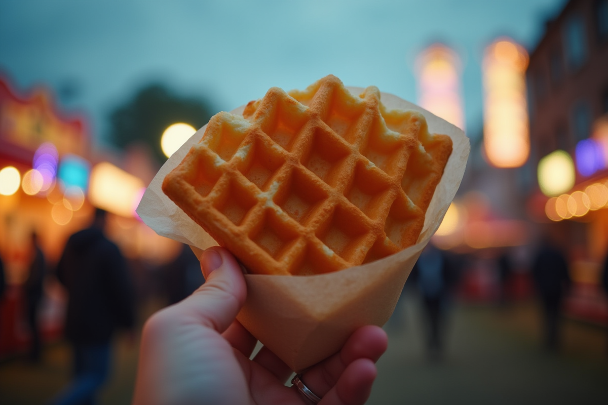 Main tenant une gaufre chaude avec lumières de festival en arrière-plan