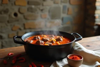 Goulash hongrois traditionnel mijotant dans une cocotte en fonte sur une table en bois rustique, entouré de paprika séché et d'épices