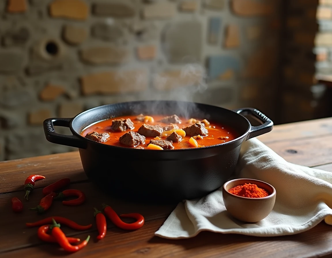 Goulash hongrois traditionnel mijotant dans une cocotte en fonte sur une table en bois rustique, entouré de paprika séché et d'épices